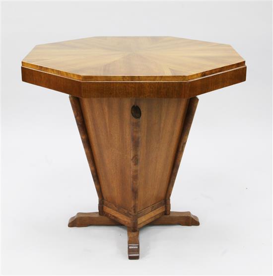 An Art Deco octagonal walnut centre table, W.2ft 8in.